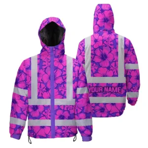 Hi Vis Jacket Waterproof Reflective Tapes Violet Neon And Pink Flowers Custom Name Safety Workwear For Workers, Truckers, Operators
