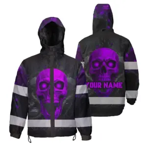 Hi Vis Jacket Waterproof Reflective Tapes Violet Neon Skull Custom Name Safety Workwear For Workers, Runners, Cyclists
