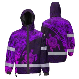 Hi Vis Jacket Waterproof Reflective Tapes Violet Neon Turtle Hawaiian Polynesian Tribal Custom Name Safety Workwear For Workers, Truckers, Operators