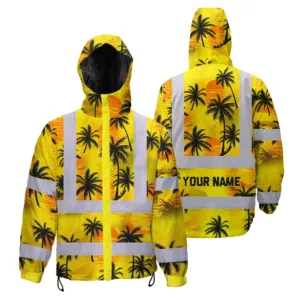 Hi Vis Jacket Waterproof Reflective Tapes Yellow Neon Flowers Custom Name Safety Workwear For Workers, Truckers, Operators