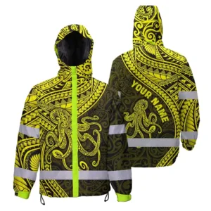 Hi Vis Jacket Waterproof Reflective Tapes Yellow Neon Hawaii Octopus Custom Name Safety Workwear For Workers, Truckers, Operators