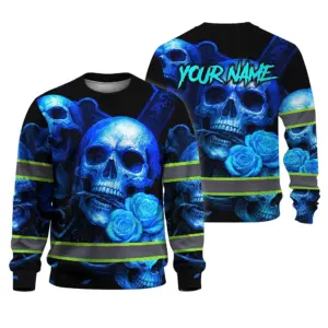 Hi Vis Long Sleeve Reflective Tapes Gradient Blue Neon Skull Custom Name Safety Workwear For Workers, Runners, Cyclists