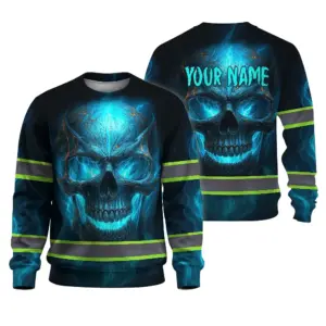 Hi Vis Long Sleeve Reflective Tapes Gradient Blue Neon Skull Custom Name Safety Workwear For Workers, Runners, Cyclists