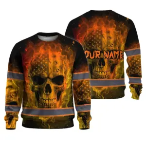 Hi Vis Long Sleeve Reflective Tapes Gradient Yellow Orange Neon Skull Custom Name Safety Workwear For Workers, Runners, Cyclists