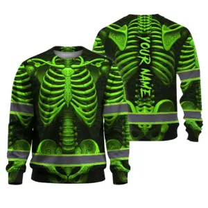 Hi Vis Long Sleeve Reflective Tapes Green Neon Bone Skull Custom Name Safety Workwear For Workers, Runners, Cyclists