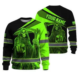Hi Vis Long Sleeve Reflective Tapes Green Neon Skull US Flag Custom Name Safety Workwear For Workers, Runners, Cyclists