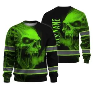 Hi Vis Long Sleeve Reflective Tapes Green Smoke Neon Skull Custom Name Safety Workwear For Workers, Runners, Cyclists