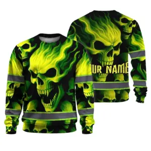 Hi Vis Long Sleeve Reflective Tapes Lime Neon Skull Custom Name Safety Workwear For Workers, Runners, Cyclists