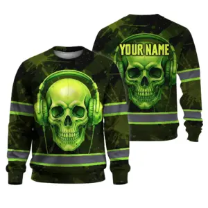 Hi Vis Long Sleeve Reflective Tapes Lime Neon Skull Custom Name Safety Workwear For Workers, Runners, Cyclists