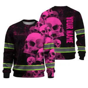 Hi Vis Long Sleeve Reflective Tapes Pink Neon Skull Custom Name Safety Workwear For Workers, Runners, Cyclists