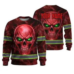 Hi Vis Long Sleeve Reflective Tapes Red Neon Skull Custom Name Safety Workwear For Workers, Runners, Cyclists