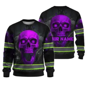 Hi Vis Long Sleeve Reflective Tapes Violet Neon Skull Custom Name Safety Workwear For Workers, Runners, Cyclists