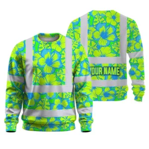 Hi Vis Long Sleeve Shirt Reflective Tapes Blue Neon And Green Flowers Custom Name Safety Workwear For Workers, Truckers, Operators