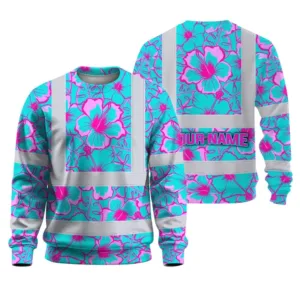 Hi Vis Long Sleeve Shirt Reflective Tapes Blue Neon And Pink Flowers Custom Name Safety Workwear For Workers, Truckers, Operators