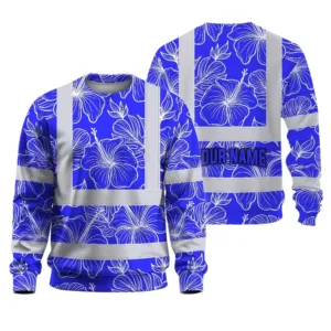 Hi Vis Long Sleeve Shirt Reflective Tapes Blue Neon Flowers Custom Name Safety Workwear For Workers, Truckers, Operators