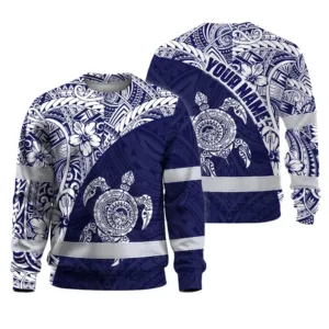 Hi Vis Long Sleeve Shirt Reflective Tapes Blue White Turtle Hawaiian Polynesian Tribal