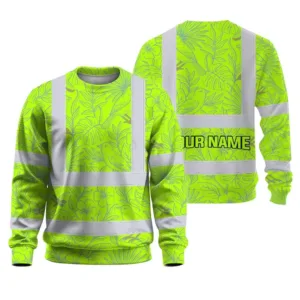 Hi Vis Long Sleeve Shirt Reflective Tapes Green Grey Flowers Custom Name Safety Workwear For Workers, Truckers, Operators