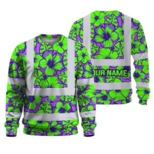 Hi Vis Long Sleeve Shirt Reflective Tapes Green Neon And Violet Flowers Custom Name Safety Workwear For Workers, Truckers, Operators