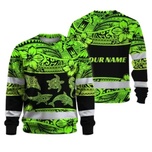 Hi Vis Long Sleeve Shirt Reflective Tapes Green Neon Hawaiian Polynesian Tribal