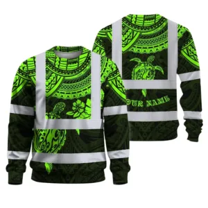 Hi Vis Long Sleeve Shirt Reflective Tapes Green Turtle Flower Hawaiian Polynesian Tribal
