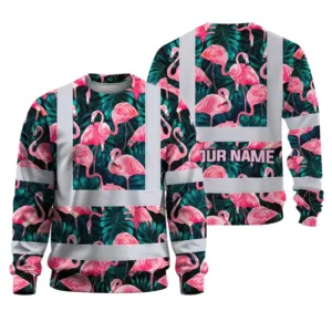 Hi Vis Long Sleeve Shirt Reflective Tapes Hawaii Flamingo Custom Name Safety Workwear For Workers, Truckers, Operators