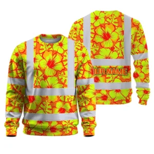 Hi Vis Long Sleeve Shirt Reflective Tapes Orange Neon And Yellow Flowers Custom Name Safety Workwear For Workers, Truckers, Operators