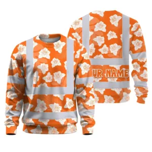 Hi Vis Long Sleeve Shirt Reflective Tapes Orange Neon Flowers 2 Custom Name