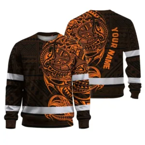 Hi Vis Long Sleeve Shirt Reflective Tapes Orange Neon Hawaiian Polynesian Tribal Custom Name