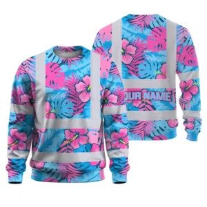 Hi Vis Long Sleeve Shirt Reflective Tapes Pink Neon And Blue Flowers Custom Name Safety Workwear For Workers, Truckers, Operators