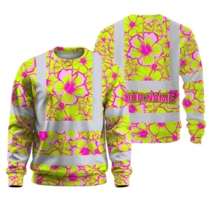 Hi Vis Long Sleeve Shirt Reflective Tapes Pink Neon And Lime Flowers Custom Name Safety Workwear For Workers, Truckers, Operators