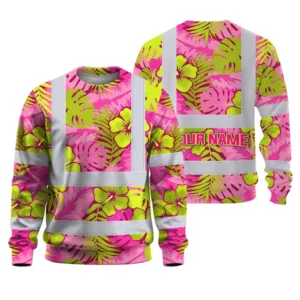 Hi Vis Long Sleeve Shirt Reflective Tapes Pink Neon And Lime Flowers Custom Name Safety Workwear For Workers, Truckers, Operators