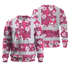 Hi Vis Long Sleeve Shirt Reflective Tapes Pink Violet Flowers Custom Name Safety Workwear For Workers, Truckers, Operators