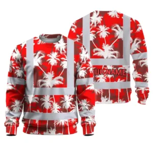 Hi Vis Long Sleeve Shirt Reflective Tapes Red Neon Flowers Custom Name Safety Workwear For Workers, Truckers, Operators