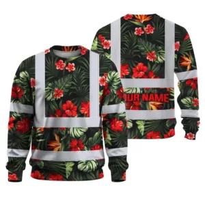 Hi Vis Long Sleeve Shirt Reflective Tapes Red Neon Flowers Custom Name Safety Workwear For Workers, Truckers, Operators