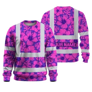 Hi Vis Long Sleeve Shirt Reflective Tapes Violet Neon And Pink Flowers Custom Name Safety Workwear For Workers, Truckers, Operators