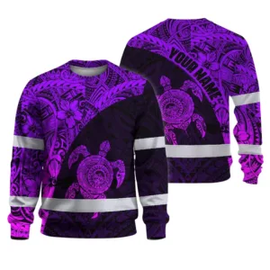 Hi Vis Long Sleeve Shirt Reflective Tapes Violet Neon Turtle Hawaiian Polynesian Tribal