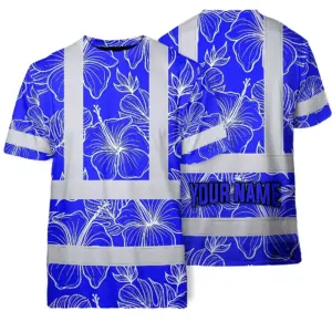 Hi Vis T Shirt Reflective Tapes Blue Neon Flowers Hawaii Custom Name Safety Workwear For Workers, Truckers, Operators