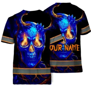 Hi Vis T Shirt Reflective Tapes Blue Orange Neon Skull Custom Name Safety Workwear For Workers, Runners, Cyclists