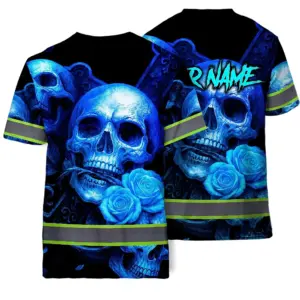 Hi Vis T Shirt Reflective Tapes Gradient Blue Neon Skull Custom Name Safety Workwear For Workers, Runners, Cyclists