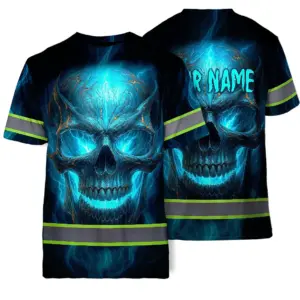 Hi Vis T Shirt Reflective Tapes Gradient Blue Neon Skull Custom Name Safety Workwear For Workers, Runners, Cyclists