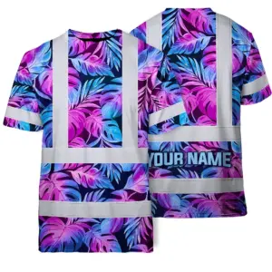 Hi Vis T Shirt Reflective Tapes Gradient Blue Violet Custom Name Safety Workwear For Workers, Truckers, Operators