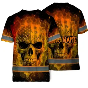 Hi Vis T Shirt Reflective Tapes Gradient Yellow Orange Neon Skull Custom Name Safety Workwear For Workers, Runners, Cyclists