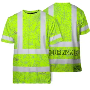 Hi Vis T Shirt Reflective Tapes Green Grey Flowers Hawaii Custom Name Safety Workwear For Workers, Truckers, Operators