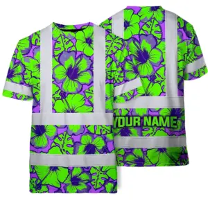 Hi Vis T Shirt Reflective Tapes Green Neon And Violet Flowers Hawaii Custom Name Safety Workwear For Workers, Truckers, Operators