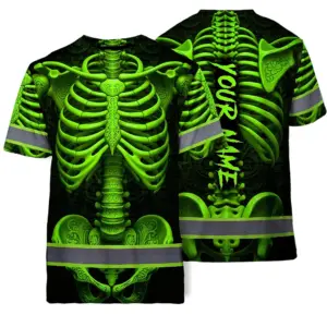 Hi Vis T Shirt Reflective Tapes Green Neon Bone Skull Custom Name Safety Workwear For Workers, Runners, Cyclists