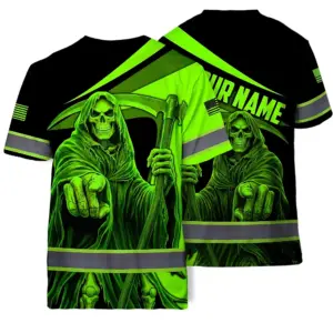 Hi Vis T Shirt Reflective Tapes Green Neon Skull US Flag Custom Name Safety Workwear For Workers, Runners, Cyclists