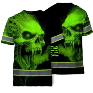 Hi Vis T Shirt Reflective Tapes Green Smoke Neon Skull Custom Name Safety Workwear For Workers, Runners, Cyclists