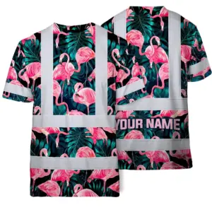 Hi Vis T Shirt Reflective Tapes Hawaii Flamingo Custom Name Safety Workwear For Workers, Truckers, Operators