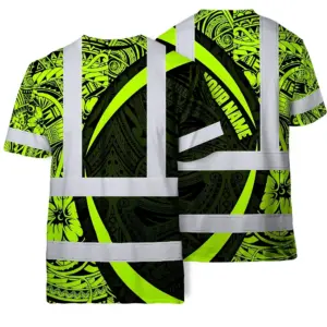 Hi Vis T Shirt Reflective Tapes Hawaiian Polynesian Tribal Custom Name Safety Workwear For Workers, Truckers, Operators