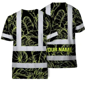 Hi Vis T Shirt Reflective Tapes Lime Neon Flowers Hawaii Custom Name Safety Workwear For Workers, Truckers, Operators